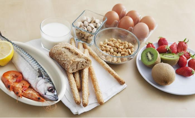 various foods that may be allergens including fish, shellfish, eggs, milk and nuts