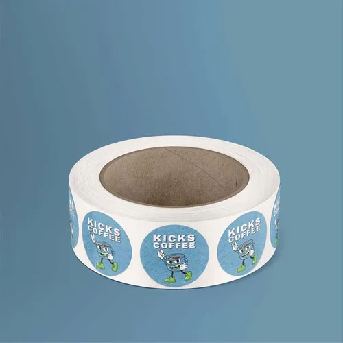 Paper Based Labels - Blue Circle Coffee Label on Roll with Blue Background