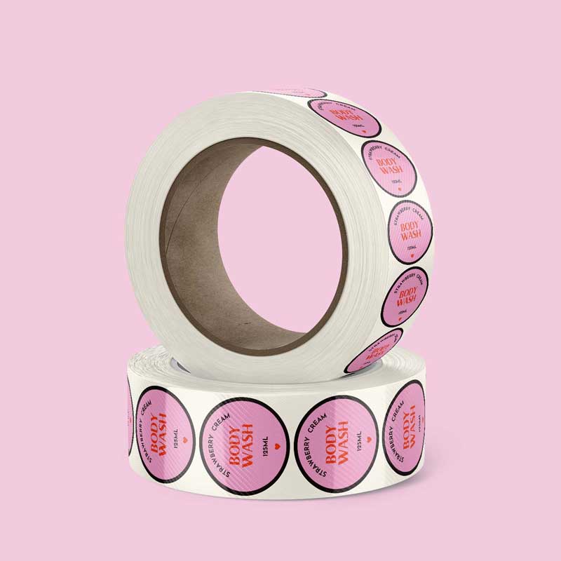 Synthetic / Polypropylene Labels - Pink Body Wash Circle Label on Rolls, Pink Background
