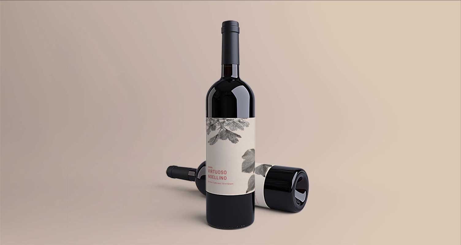 High Quality Wine Labels - Neutral Wine Label on Dark bottle, illustration of vines coming along with Red Text that says wine name. Two bottles, one standing up, one laying down behind.