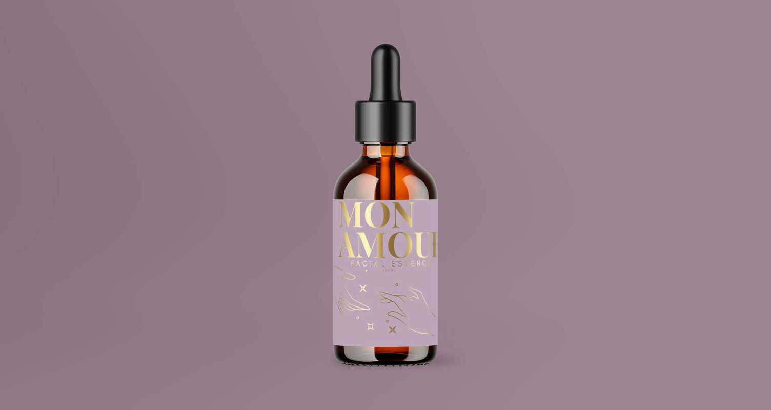 Synthetic Silver / Metallic Labels - Small Face Oil Bottle with Purple Label and Gold Foiled text with product Name (Mon Amour) and Illustration of hands reaching out
