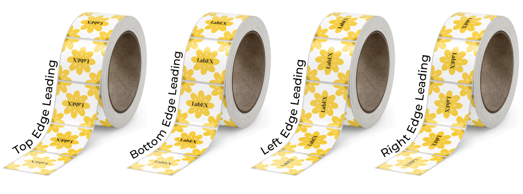 To help you understand what Roll Direction you need your artwork to be at we have this guide to explain. Image here is of 4 Rolls of labels with the labels facing at different orientations, first Top Edge leading, then Bottom Edge Leading, the Right Edge Printing, then Left Edge Printing
