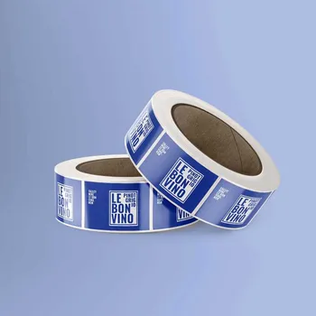 2 Rolls of blue Standard Wine labels with blue text Le Bon Vino in white box