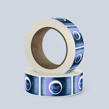2 rolls of stacked rectangle synthetic silver labels. Labels are blue metallic with white detailing.