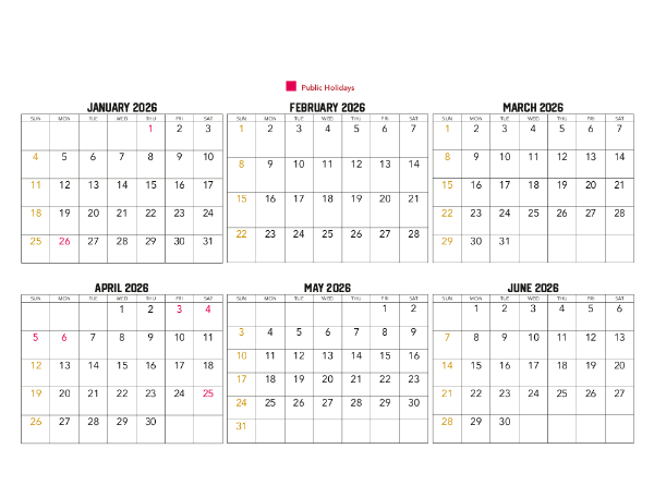 2026 Calendar (Australia Wide)