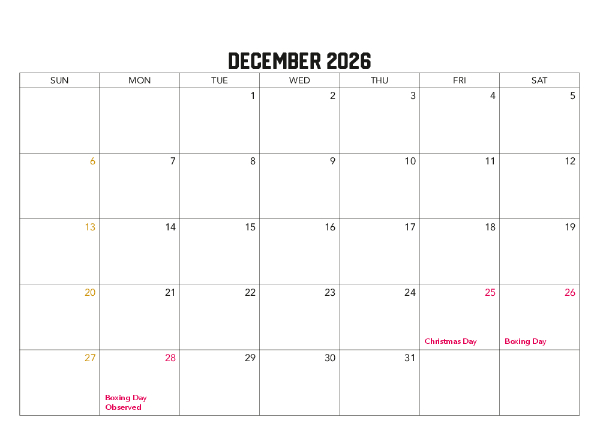 2026 Calendar (Australia Wide)