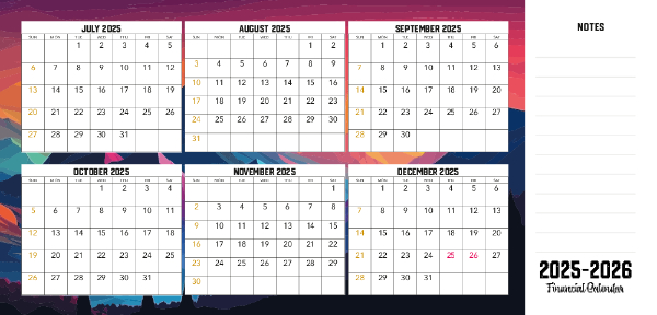 2025 - 2026 Financial Calendar (Australia Wide) Front 