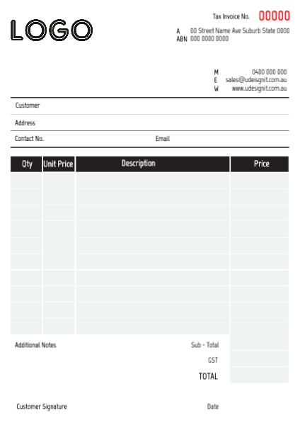 A5 Invoice Book Large Header - 4 Column Front Page